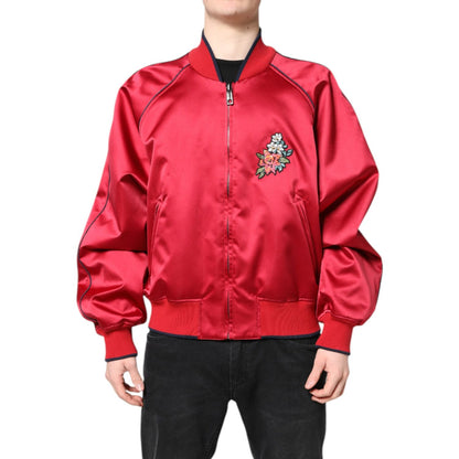 Dolce & Gabbana Red Floral Patch Full Zip Men Bomber Jacket Dolce & Gabbana