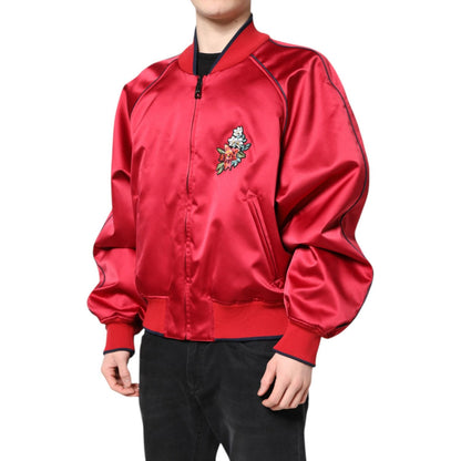Dolce & Gabbana Red Floral Patch Full Zip Men Bomber Jacket Dolce & Gabbana