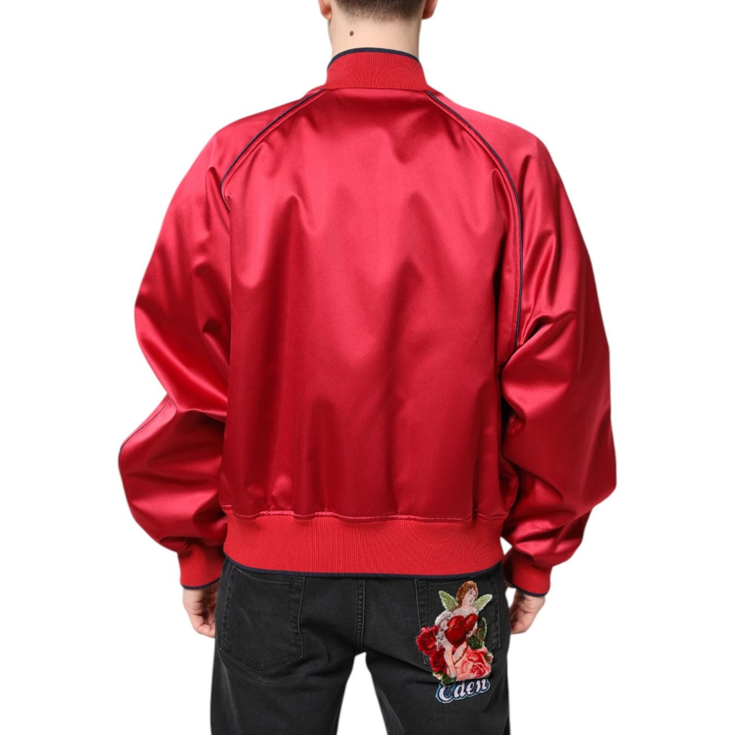 Dolce & Gabbana Red Floral Patch Full Zip Men Bomber Jacket Dolce & Gabbana