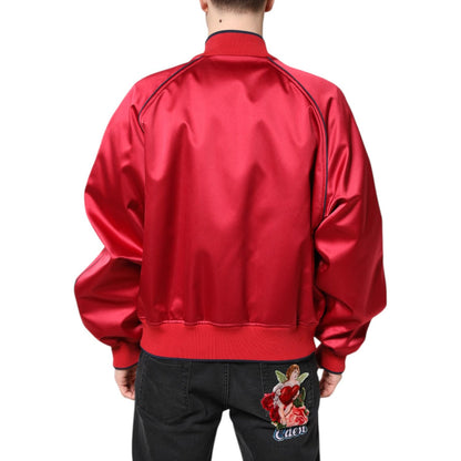 Dolce & Gabbana Red Floral Patch Full Zip Men Bomber Jacket Dolce & Gabbana