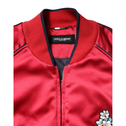 Dolce & Gabbana Red Floral Patch Full Zip Men Bomber Jacket Dolce & Gabbana