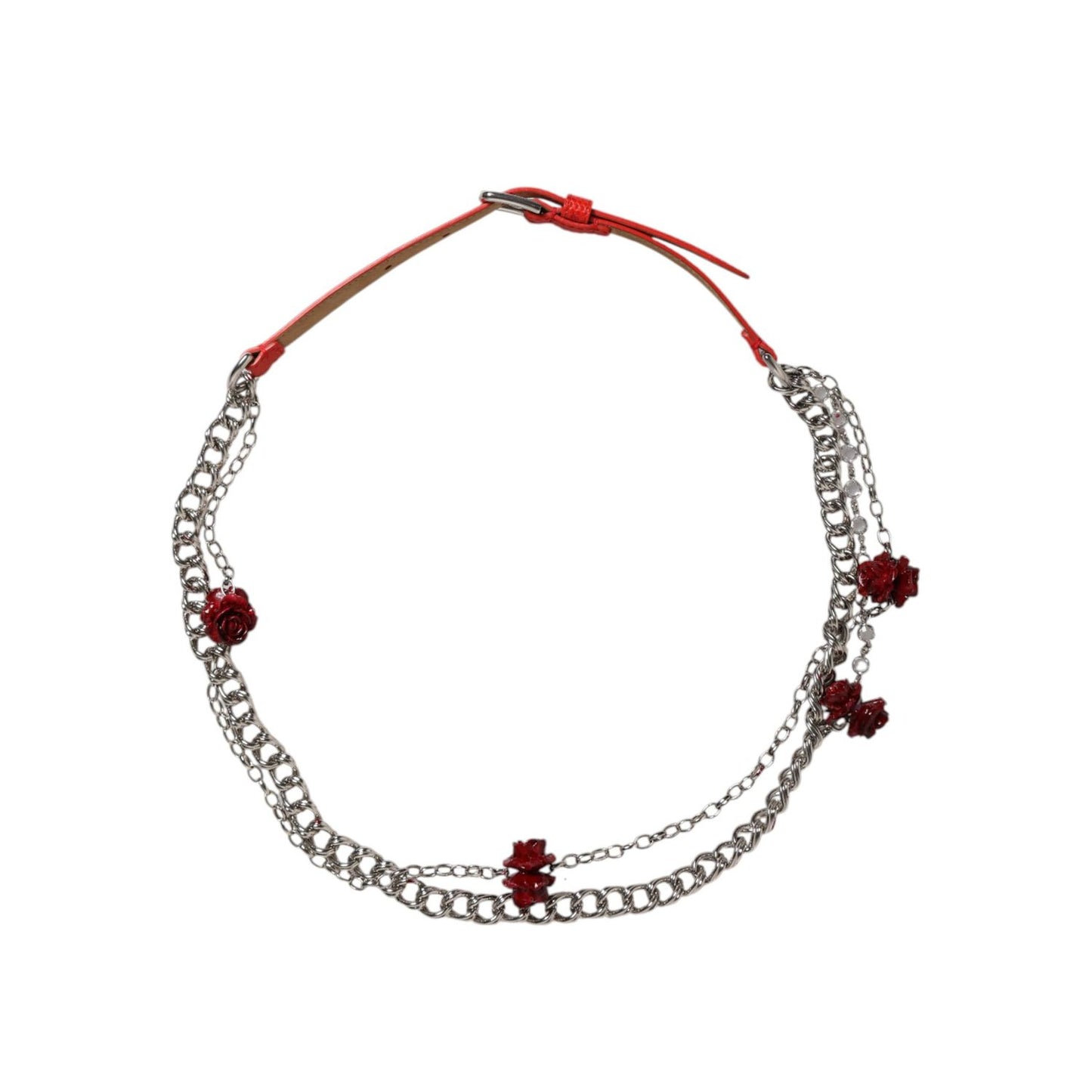 Dolce & Gabbana Red Leather Silver Chain Floral Cintura Belt