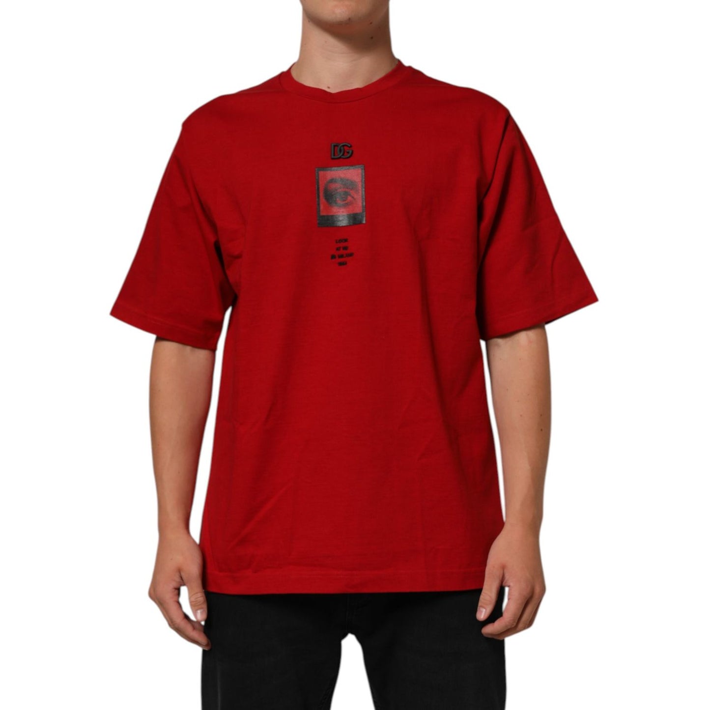 Dolce & Gabbana Red Logo Eye Print Cotton Short Sleeve T-shirt on model showing front design.