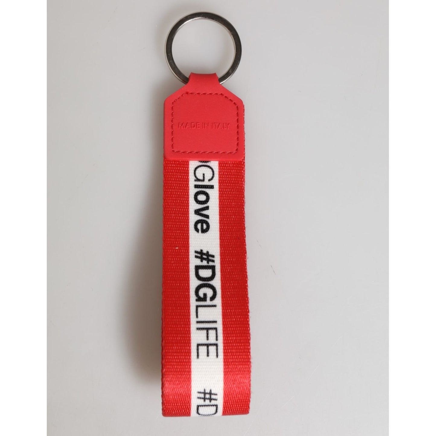 Dolce & Gabbana Red Logo Polyester Silver Brass Holder Keychain Men Keyring Dolce & Gabbana