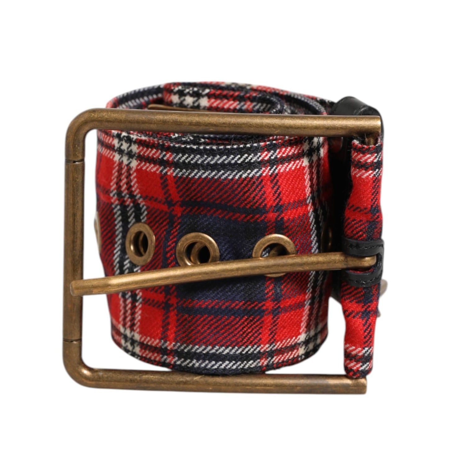 Dolce & Gabbana Red Plaid Fabric Logo Plate Brass Buckle Belt Dolce & Gabbana