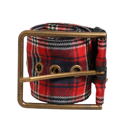 Dolce & Gabbana Red Plaid Fabric Logo Plate Brass Buckle Belt Dolce & Gabbana