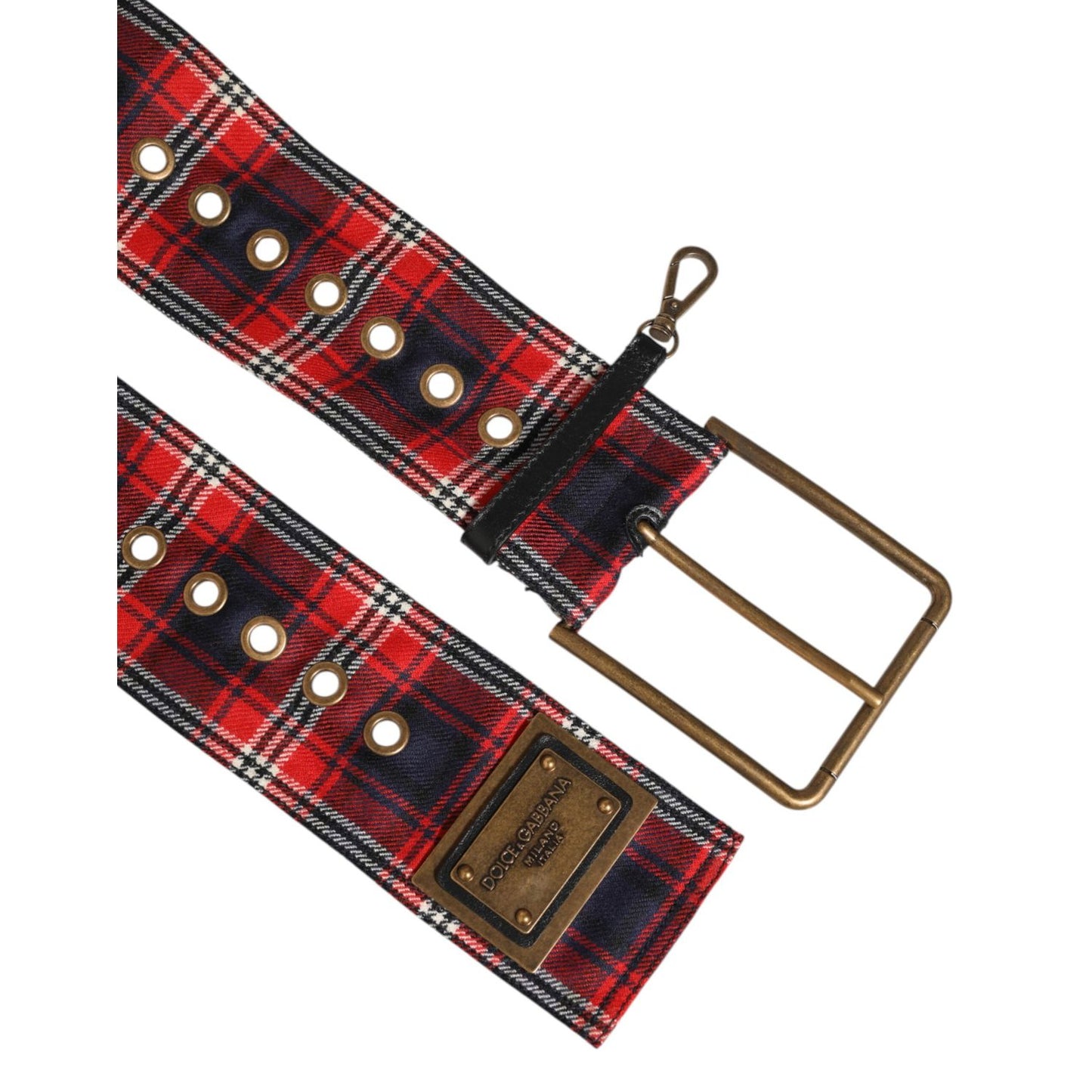 Dolce & Gabbana Red Plaid Fabric Logo Plate Brass Buckle Belt Dolce & Gabbana