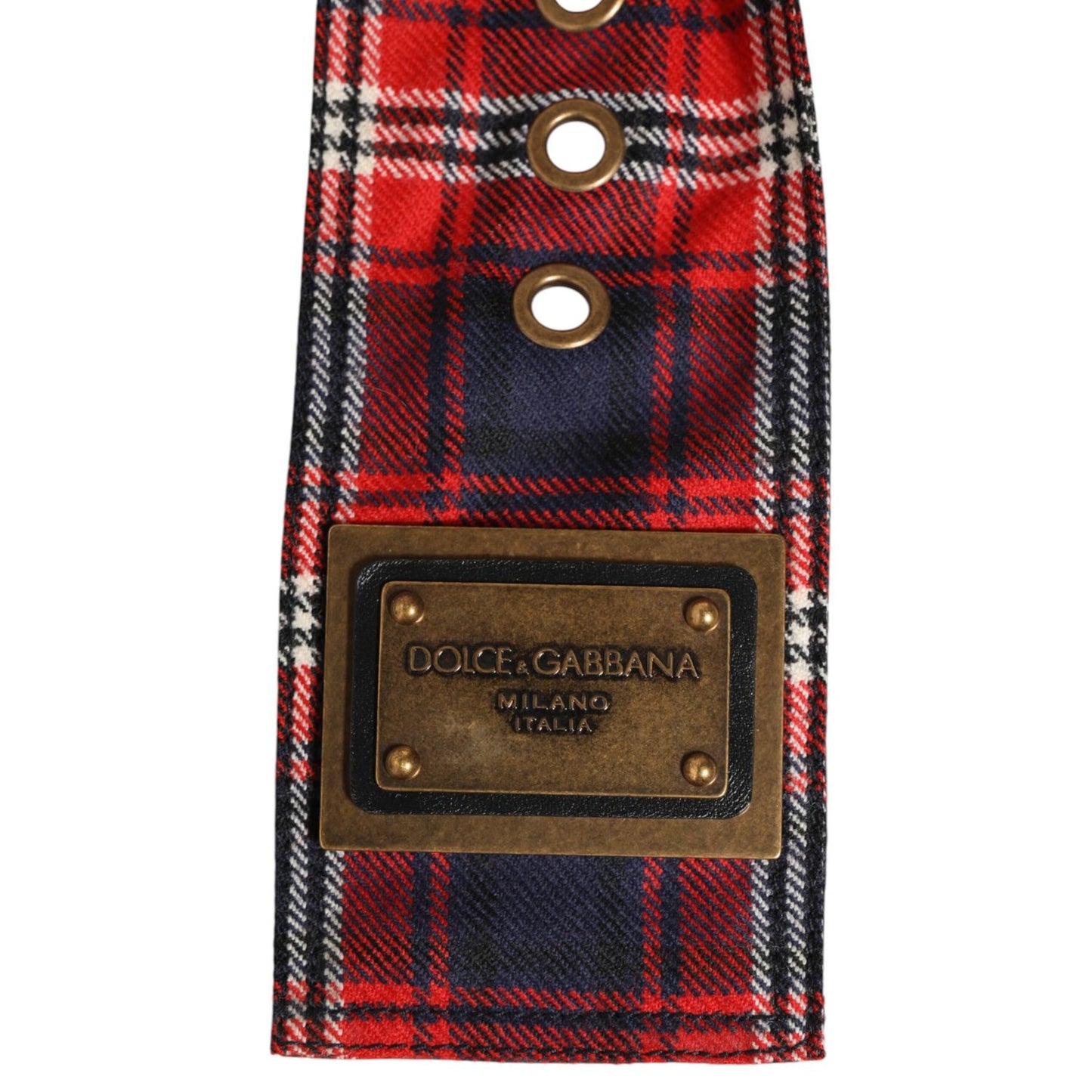 Dolce & Gabbana Red Plaid Fabric Logo Plate Brass Buckle Belt Dolce & Gabbana