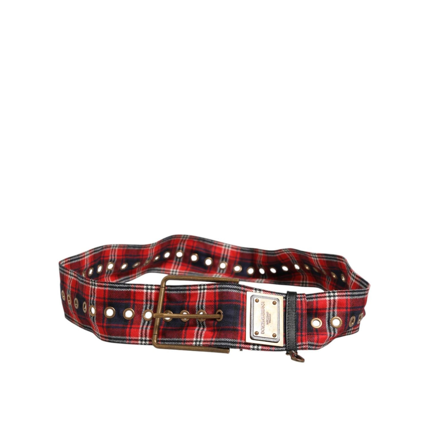 Dolce & Gabbana Red Plaid Fabric Logo Plate Brass Buckle Belt Dolce & Gabbana