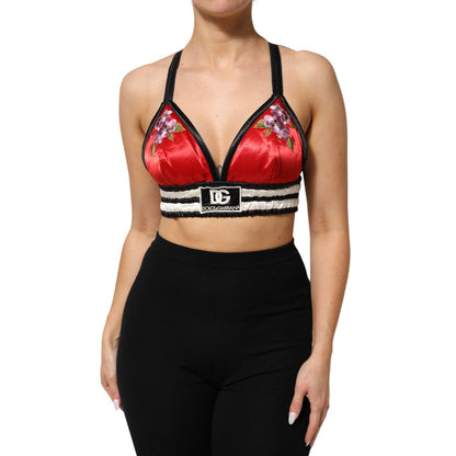 Dolce & Gabbana Red Satin Floral Embroidered Bralette Crop Top Dolce & Gabbana