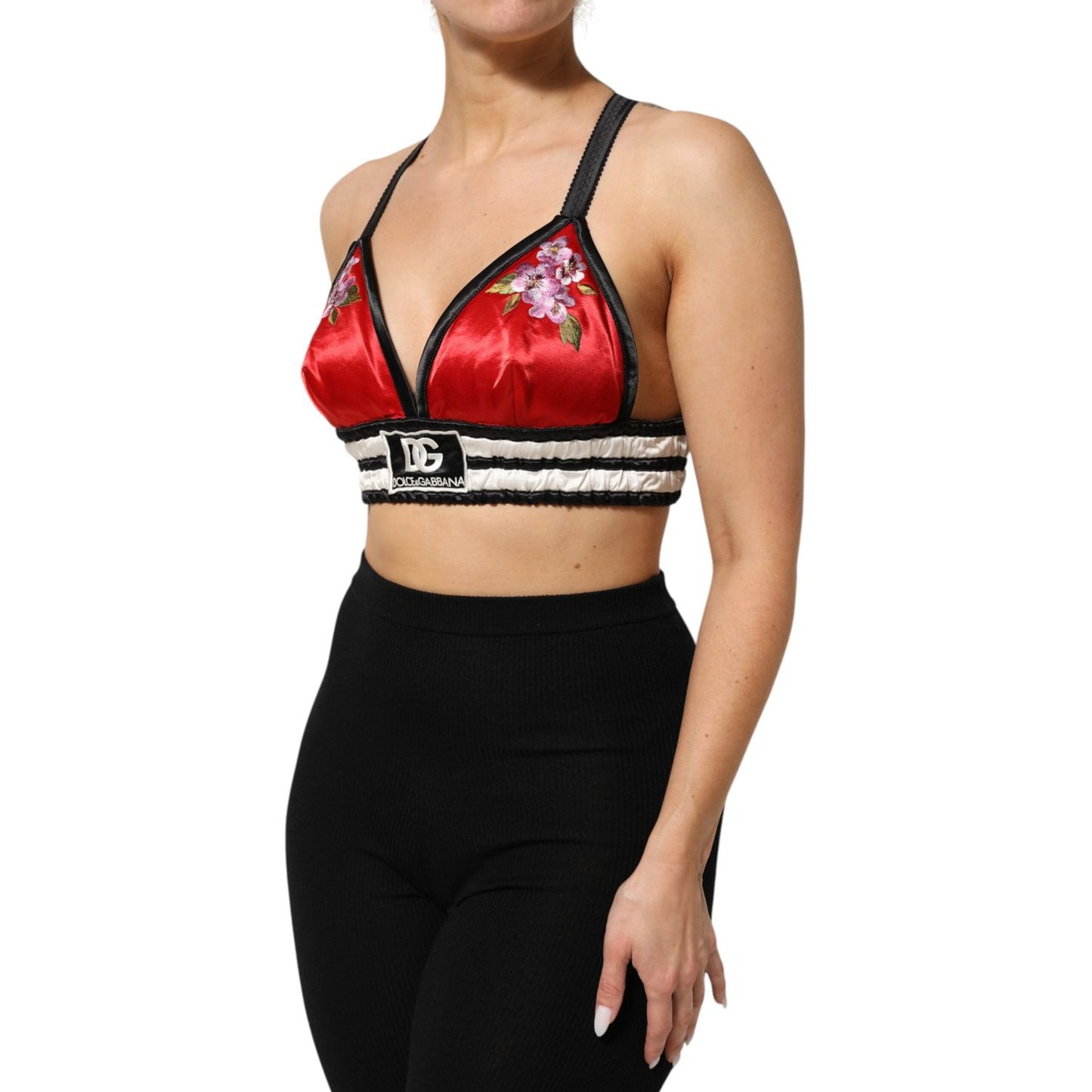 Dolce & Gabbana Red Satin Floral Embroidered Bralette Crop Top Dolce & Gabbana