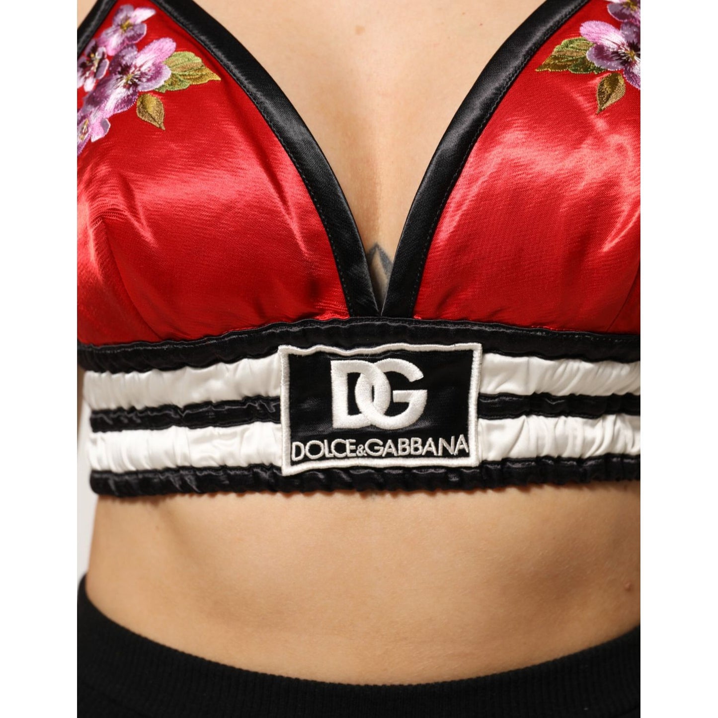 Dolce & Gabbana Red Satin Floral Embroidered Bralette Crop Top Dolce & Gabbana