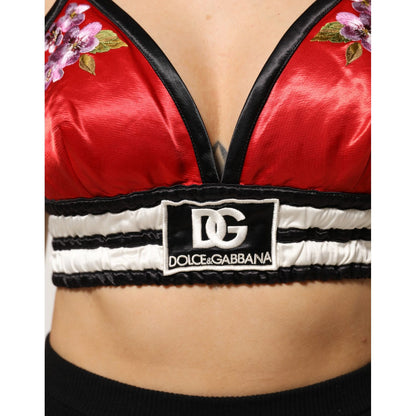 Dolce & Gabbana Red Satin Floral Embroidered Bralette Crop Top Dolce & Gabbana