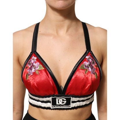 Dolce & Gabbana Red Satin Floral Embroidered Bralette Crop Top Dolce & Gabbana