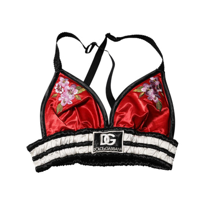 Dolce & Gabbana Red Satin Floral Embroidered Bralette Crop Top Dolce & Gabbana