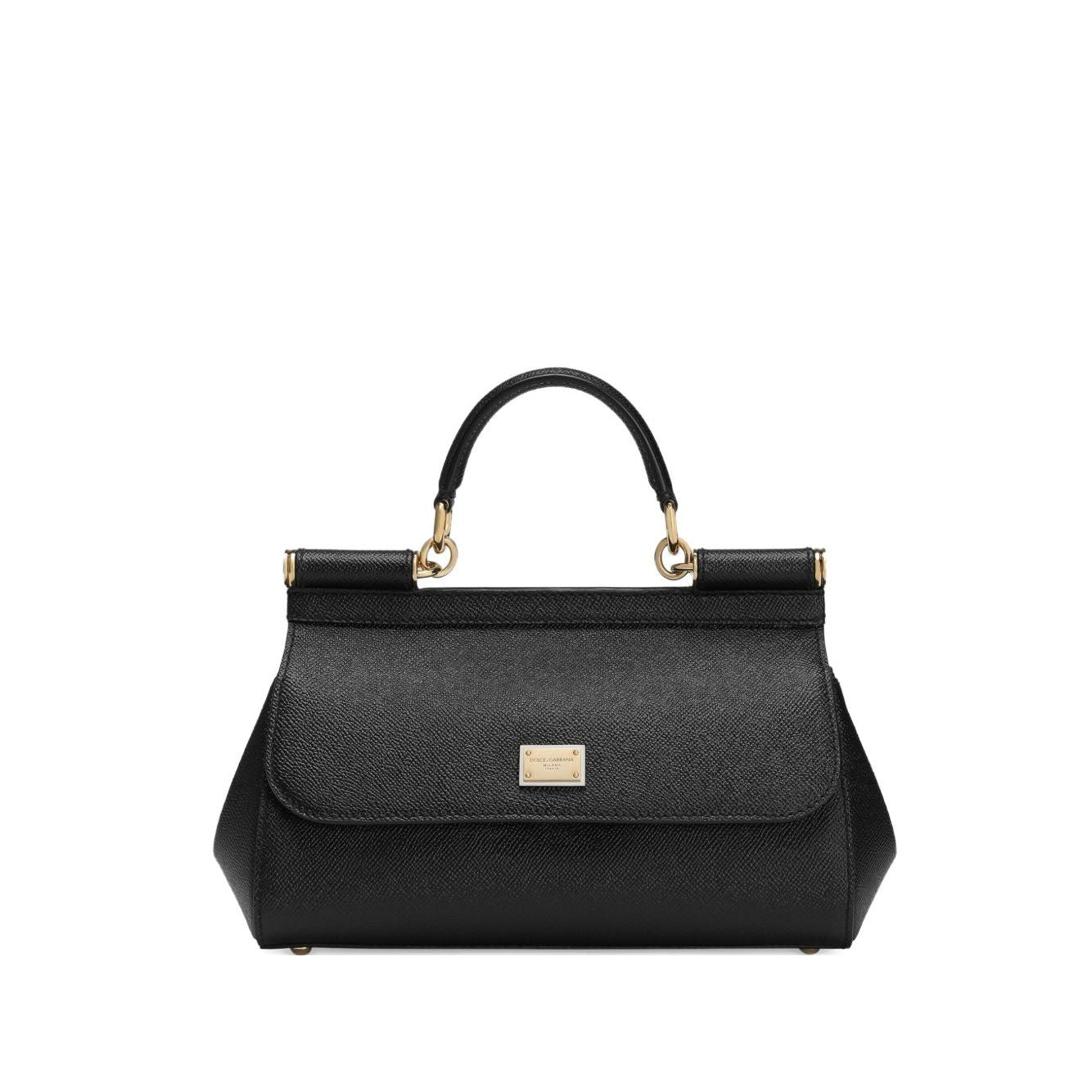 Dolce & Gabbana Sicily Medium Handbag in black with foldover top, push-lock fastening, and detachable shoulder strap.