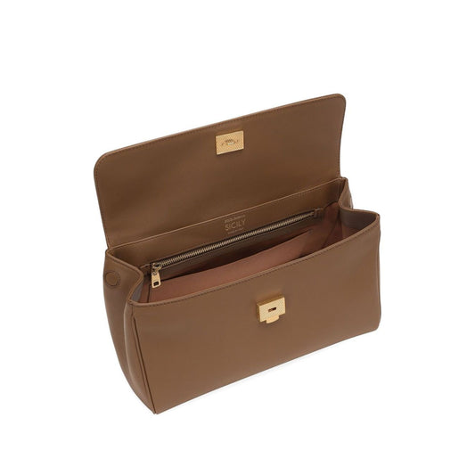 Dolce & Gabbana Sicily soft leather handbag in caramel brown featuring a foldover top with magnetic fastening and padlock detail.