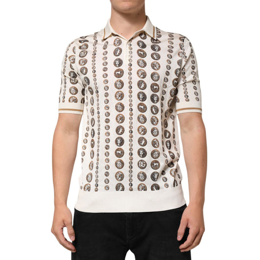 Dolce & Gabbana Silk Ivory Coin Print Logo Men Polo T-shirt