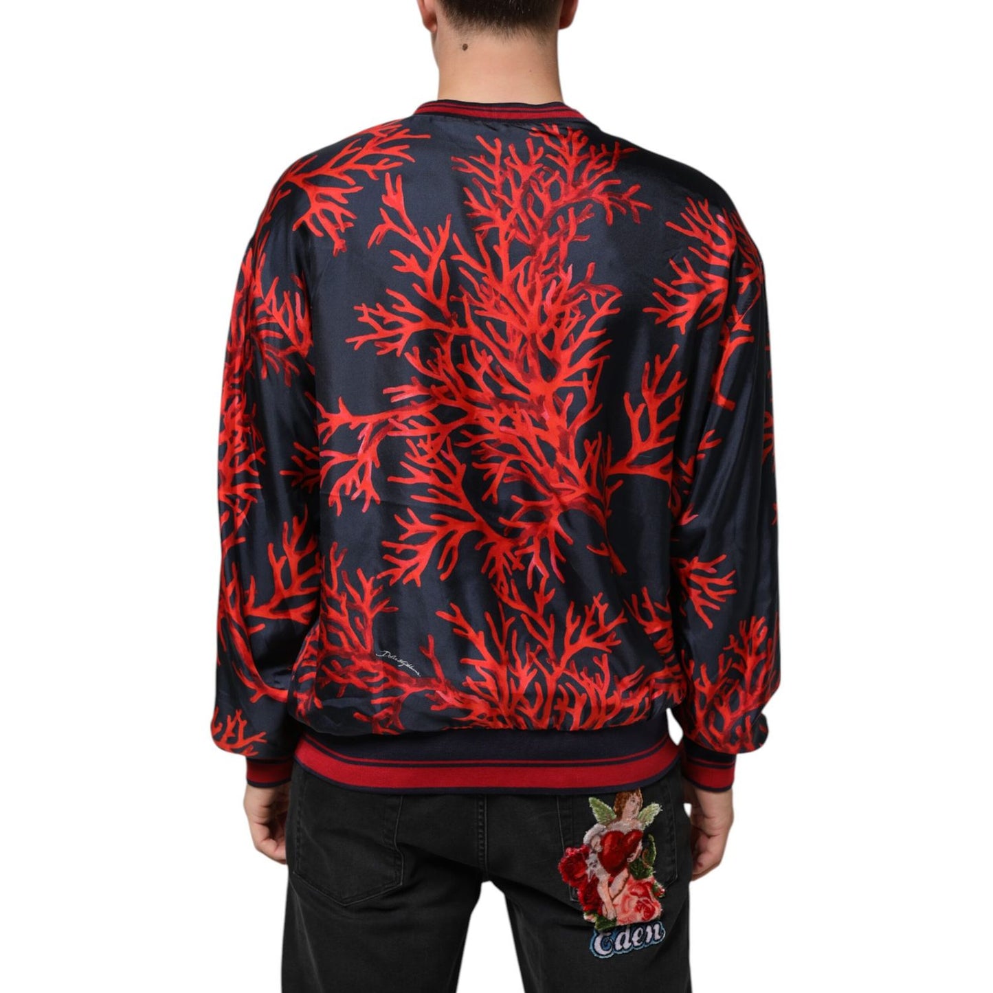 Dolce & Gabbana Silk Navy Red Coral Print Pullover Sweater Dolce & Gabbana