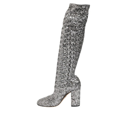 Dolce & Gabbana Silver Sequins Glitter High Heel Boot Shoes