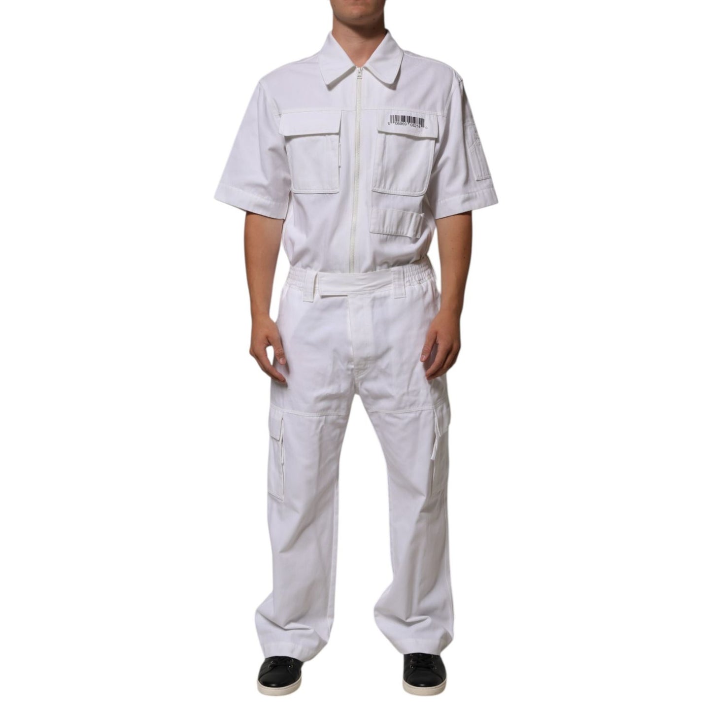 Dolce & Gabbana White Barcode Patch Utility Zip Jumpsuit Pants Dolce & Gabbana