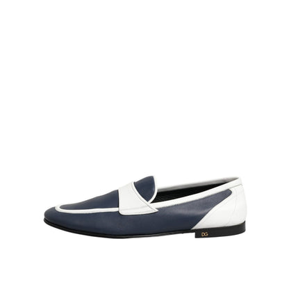 Dolce & Gabbana White Blue Leather Slip On Loafers Men Formal Shoes Dolce & Gabbana