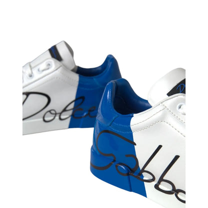 Dolce & Gabbana White Blue Logo Low Top Leather Sneakers Shoes with calfskin leather and rubber sole, showcasing elegant logo details.