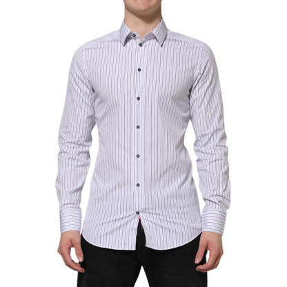 Dolce & Gabbana White Blue Striped Cotton GOLD Formal Shirt Dolce & Gabbana