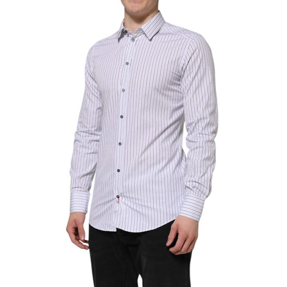 Dolce & Gabbana White Blue Striped Cotton GOLD Formal Shirt Dolce & Gabbana