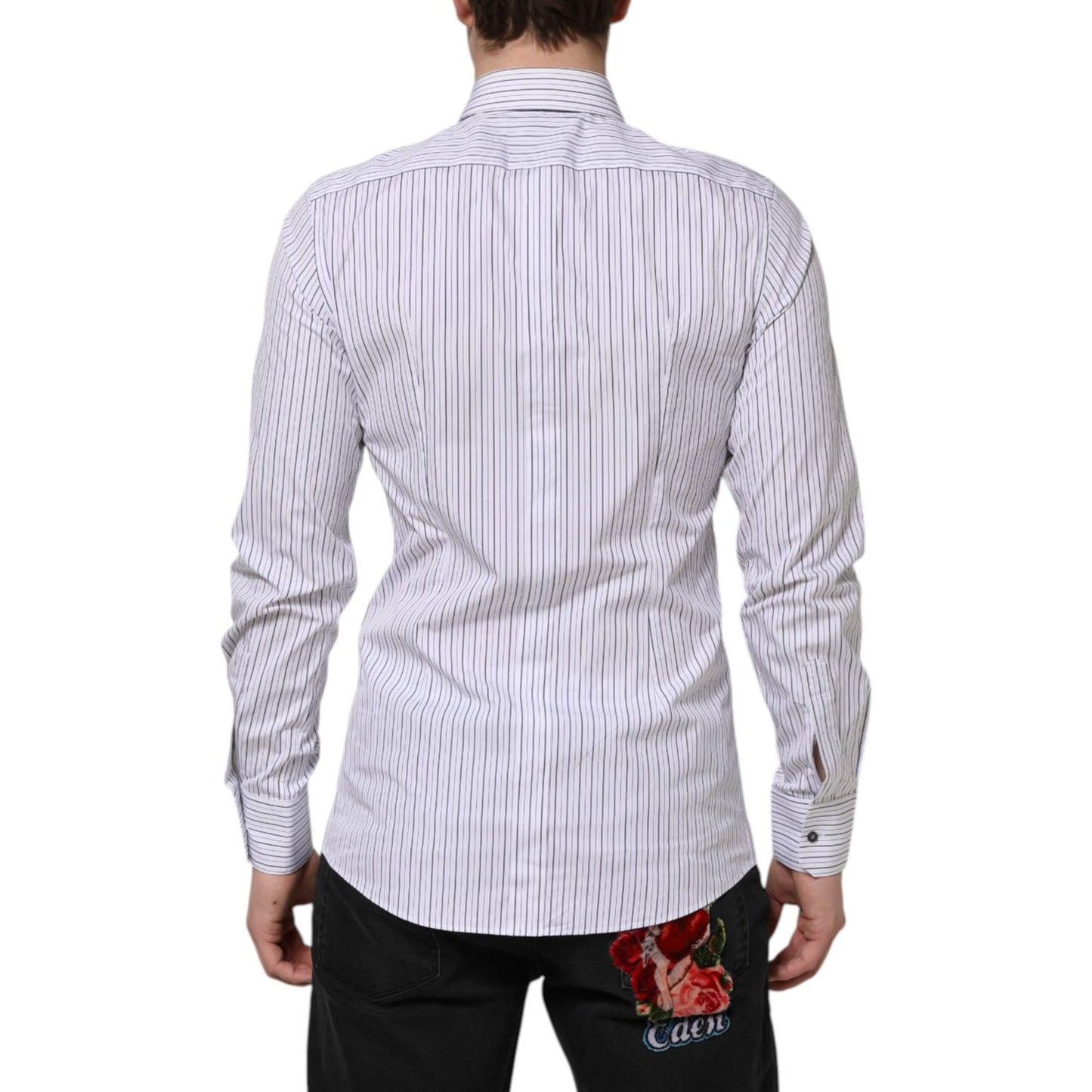 Dolce & Gabbana White Blue Striped Cotton GOLD Formal Shirt Dolce & Gabbana