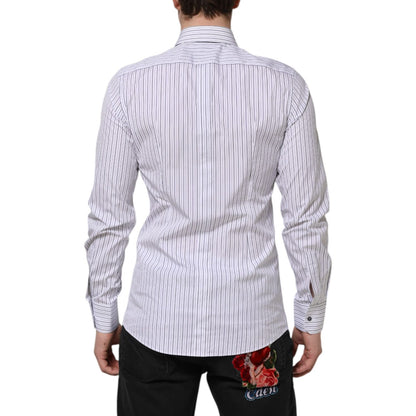 Dolce & Gabbana White Blue Striped Cotton GOLD Formal Shirt Dolce & Gabbana