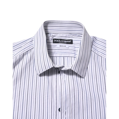 Dolce & Gabbana White Blue Striped Cotton GOLD Formal Shirt Dolce & Gabbana
