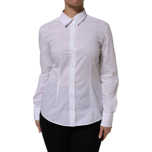 Dolce & Gabbana White Cotton Collared Buttoned Dress Shirt Top with long sleeves and structured collar, perfect for formal occasions.