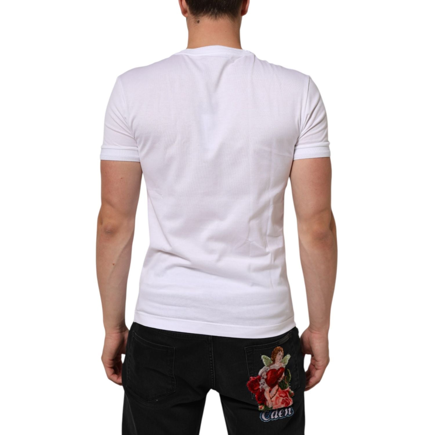 Dolce & Gabbana White Cotton Logo Patch Crew Neck  T-shirt