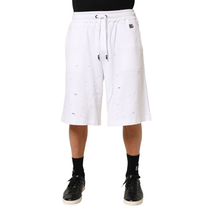 Dolce & Gabbana White Cotton Ripped Bermuda Sweatpants Shorts Dolce & Gabbana