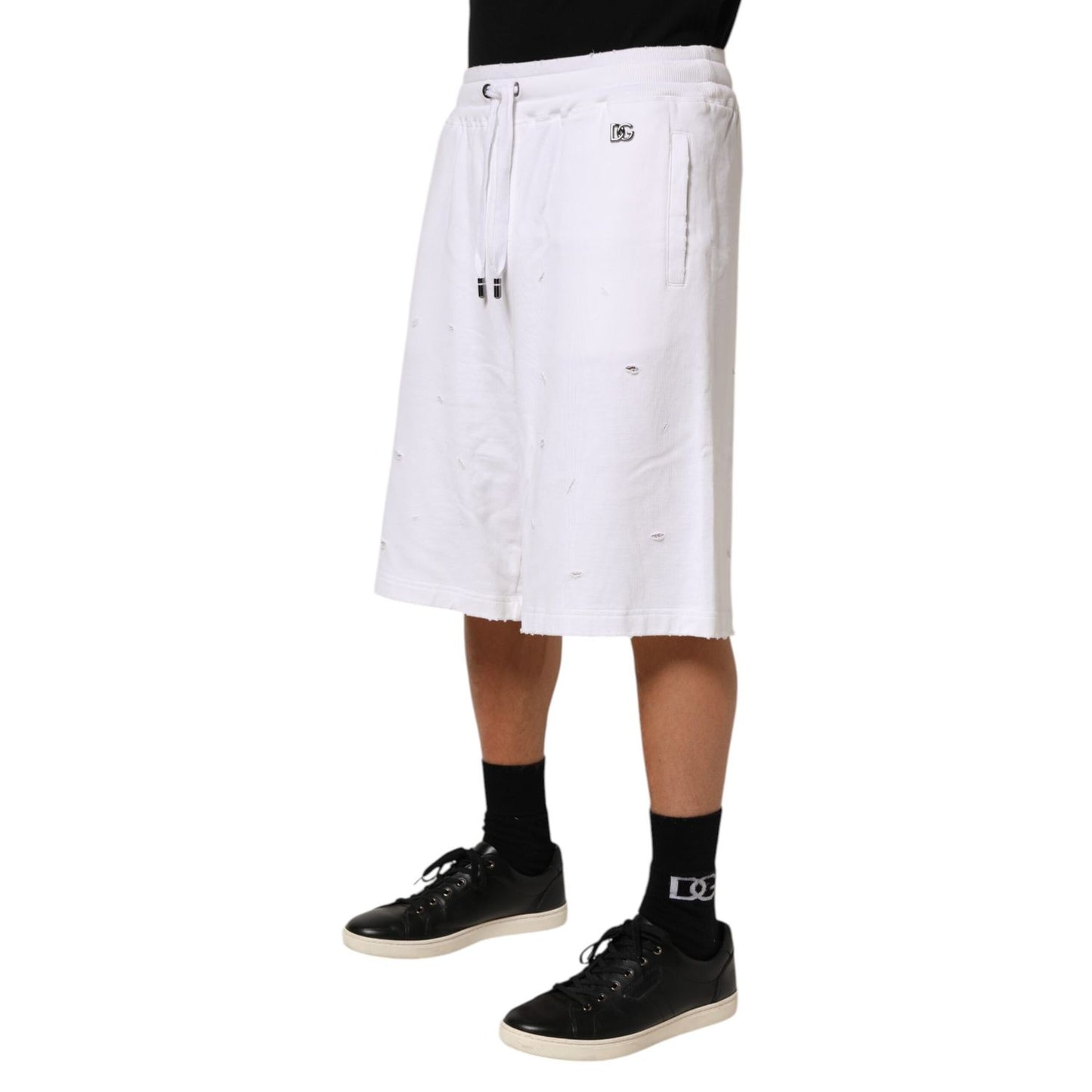 Dolce & Gabbana White Cotton Ripped Bermuda Sweatpants Shorts Dolce & Gabbana