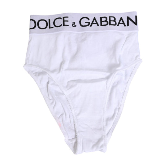 Dolce & Gabbana White Cotton Stretch High Waist Panty Underwear with logo, featuring soft breathable material and minor defects.
