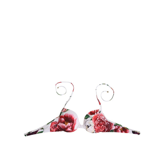 Dolce & Gabbana White Floral Print Halter Bikini Top Swimwear with pink flowers on crisp white base, women's beachwear.