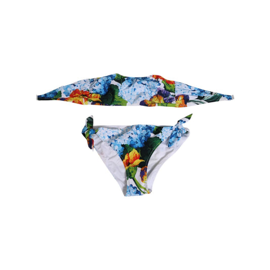 Dolce & Gabbana White Floral Swimsuit 2 Piece Top Bottom Swimwear featuring vibrant floral prints on crisp white fabric.