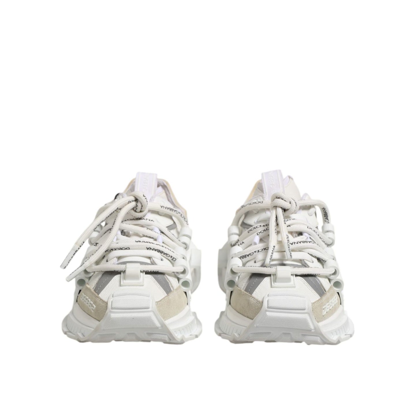 Dolce & Gabbana White Gray Low Top Space Sneakers Shoes with lace-up closure, rubber sole, and logo details on white background.