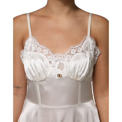 Dolce & Gabbana White Lace DG Logo Silk Dress Sleepwear