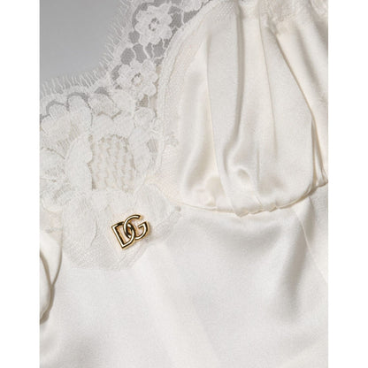 Dolce & Gabbana White Lace DG Logo Silk Dress Sleepwear