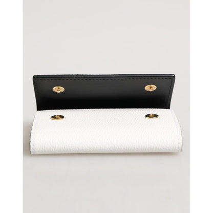 Dolce & Gabbana White Leather Card Case Holder Wallet Gold Logo Plate Key Holder