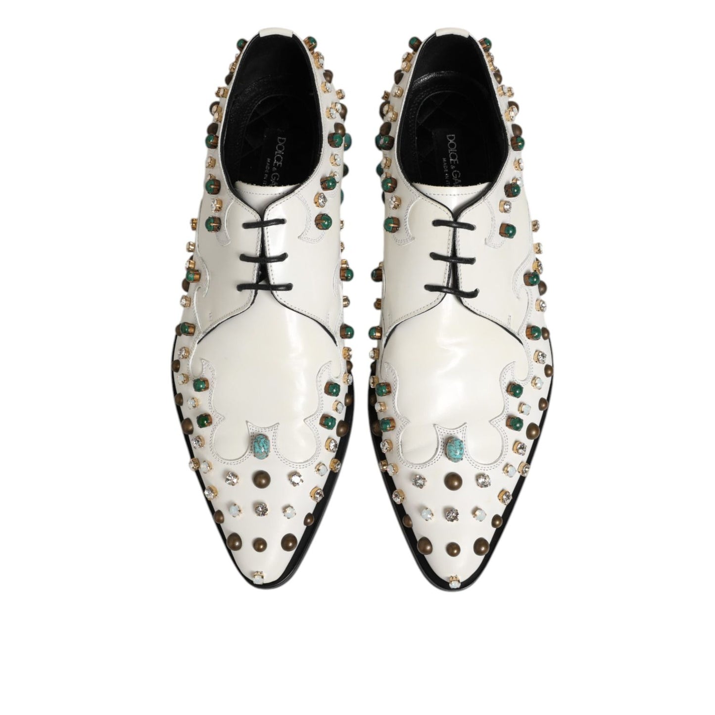 Dolce & Gabbana White Leather Crystals Embellished Derby Shoes Dolce & Gabbana