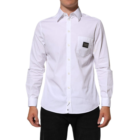 Dolce & Gabbana White Logo Plaque Collared Formal Dress Shirt
