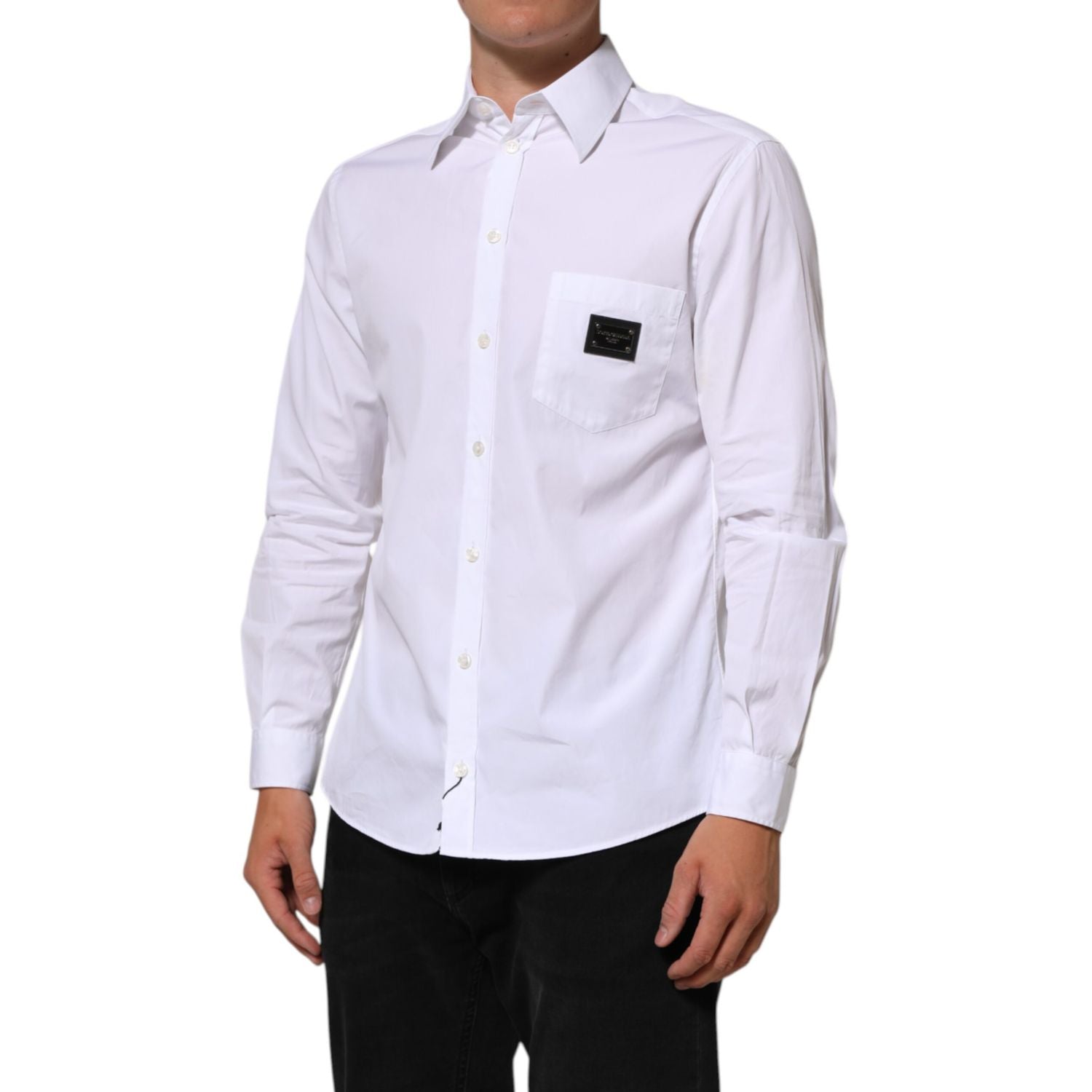 Dolce & Gabbana White Logo Plaque Collared Formal Dress  Shirt