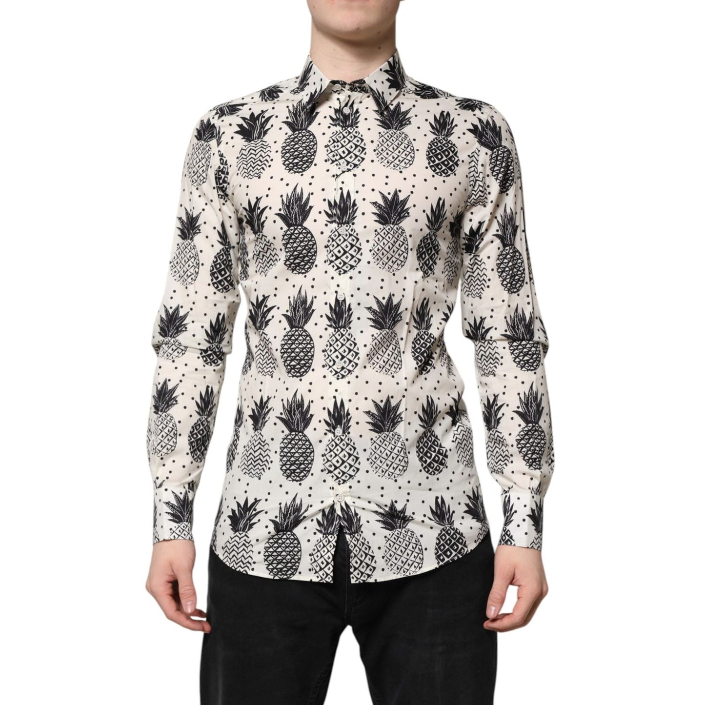 Dolce & Gabbana White Pineapple Print Long Sleeve GOLD Shirt Dolce & Gabbana