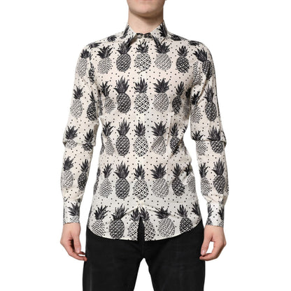 Dolce & Gabbana White Pineapple Print Long Sleeve GOLD Shirt Dolce & Gabbana