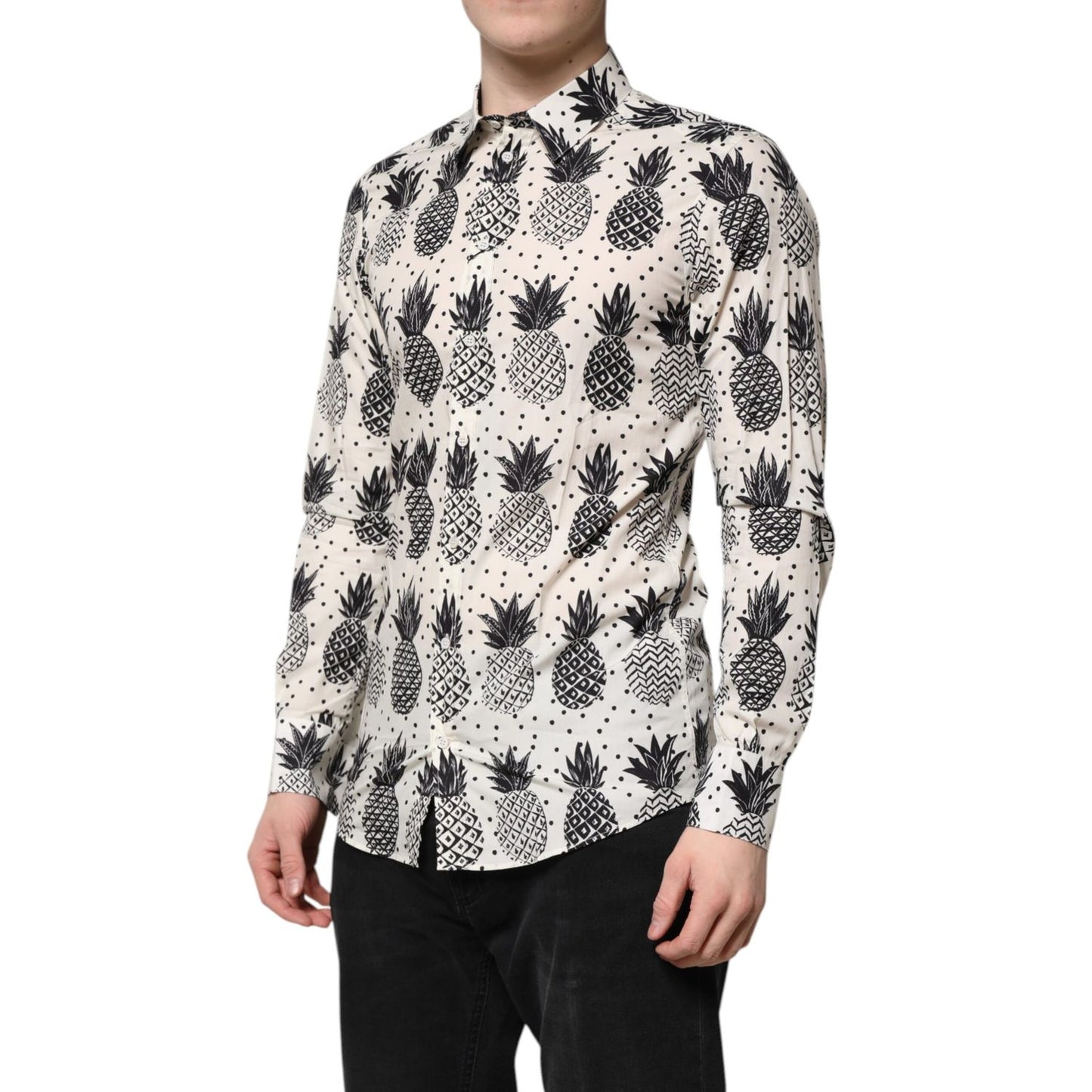 Dolce & Gabbana White Pineapple Print Long Sleeve GOLD Shirt Dolce & Gabbana