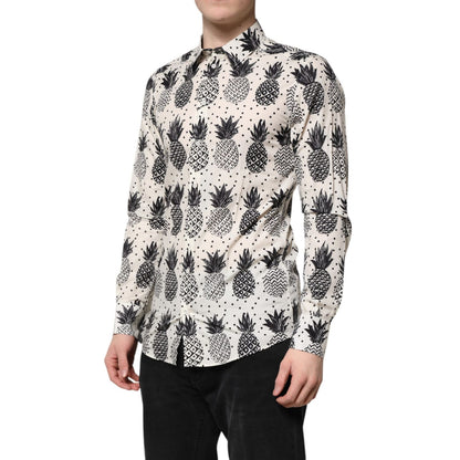 Dolce & Gabbana White Pineapple Print Long Sleeve GOLD Shirt Dolce & Gabbana